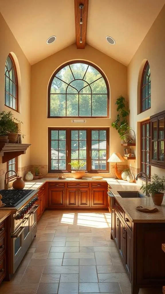 19 Stunning Spanish Mediterranean Kitchen Design Ideas 13 A bright Spanish Mediterranean kitchen featuring large windows and natural light.