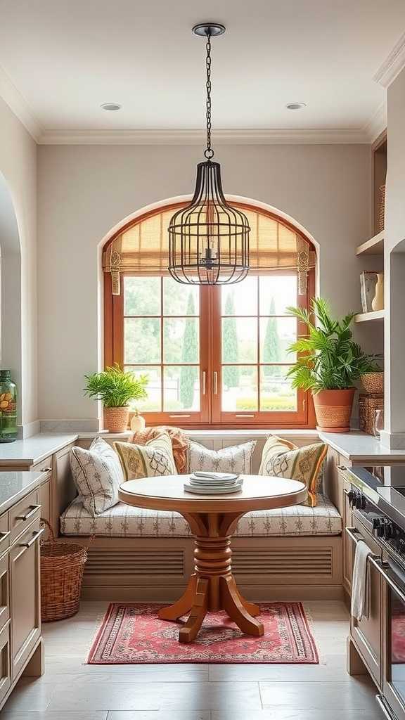 Cozy seating area with soft fabrics and textiles in a Spanish Mediterranean kitchen design.