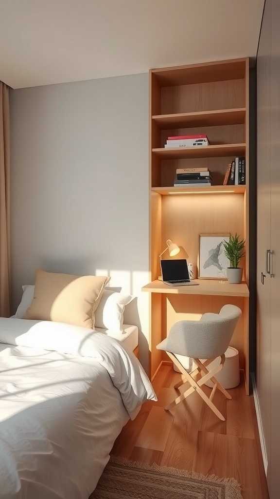 A small bedroom featuring a folding desk and chair, showcasing efficient use of space.