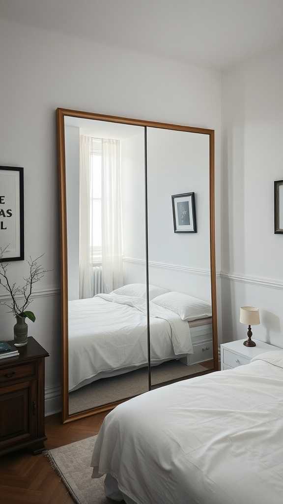 A cozy small bedroom featuring a large mirror that enhances the space.