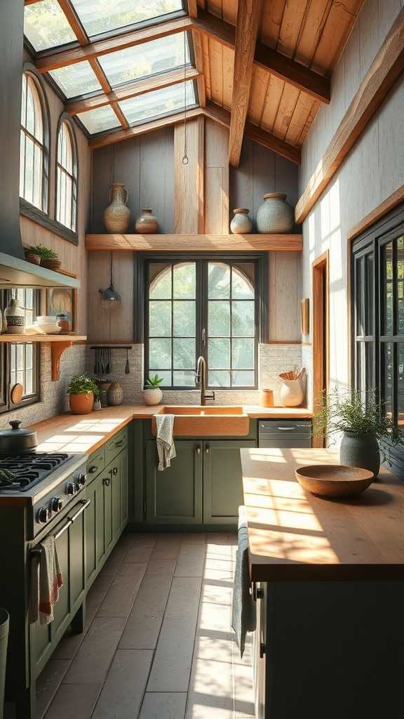 A bright, wabi-sabi inspired kitchen with large windows allowing natural light to fill the space.