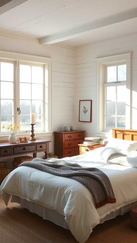 A bright rustic farmhouse bedroom with large windows allowing natural light, wooden furniture, and cozy decor.