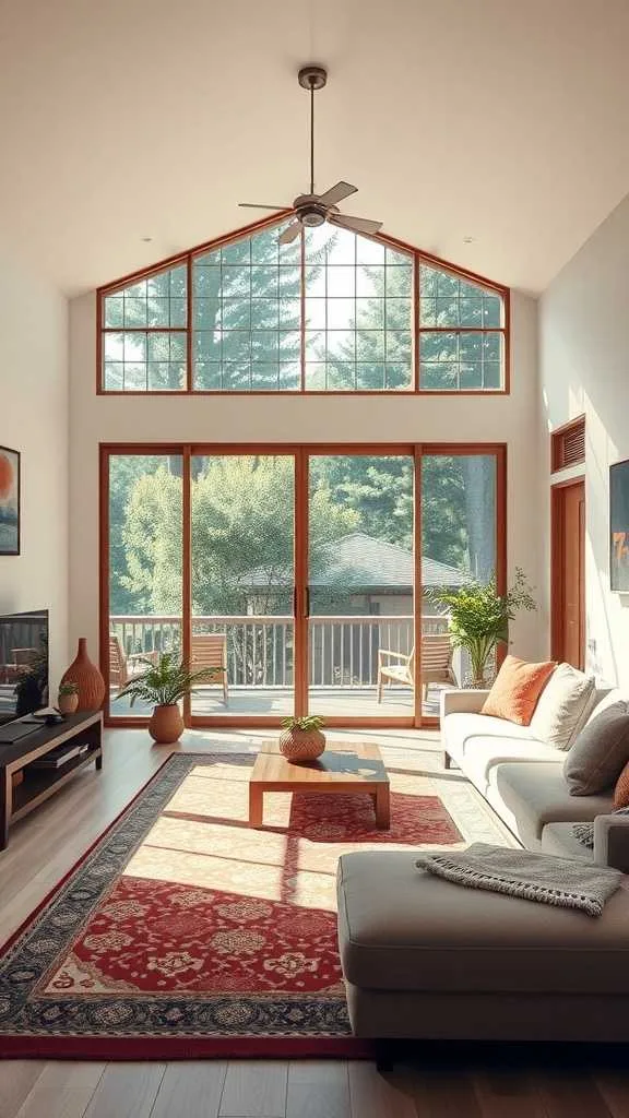21 Japandi Living Room Design Ideas for a Cozy, Stylish Home 14 A stylish Japandi living room with large windows allowing natural light, featuring a comfortable sofa, a coffee table, and indoor plants.