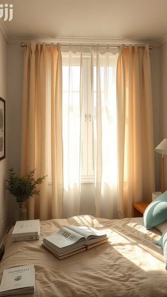 A cozy small bedroom featuring sheer curtains allowing natural light to filter in.