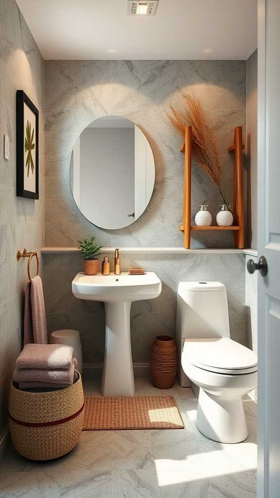 A serene and minimalist bathroom featuring a round mirror, wooden shelves, and neutral tones, embodying wabi-sabi design principles.