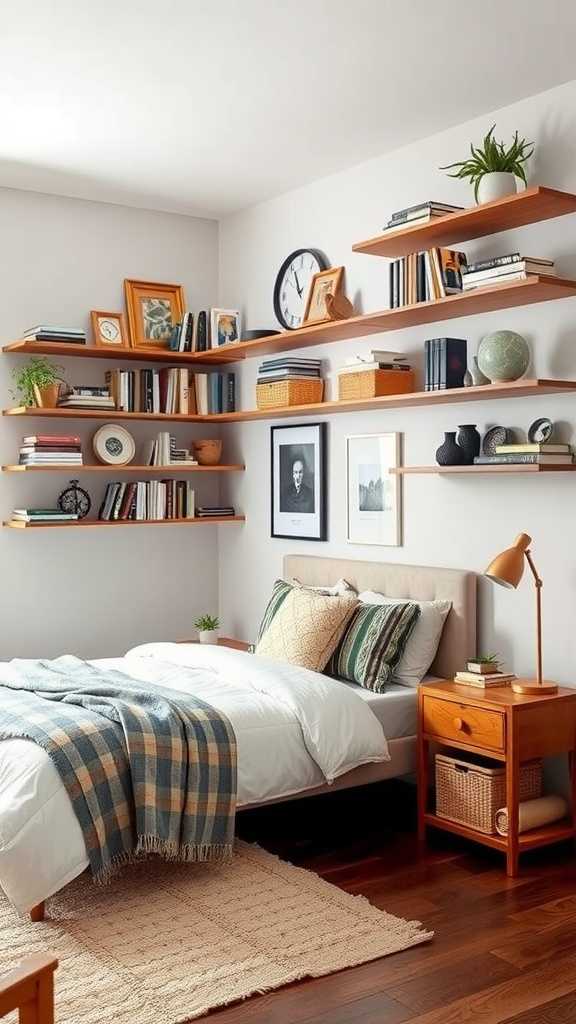 A cozy small bedroom featuring neatly arranged shelves with books, plants, and decorative items.