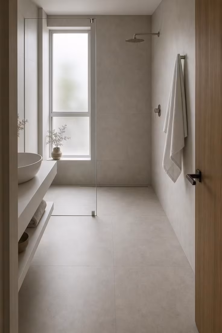 13 Cozy Very Small Bathroom Ideas With Shower Worth Trying 1 A very small bathroom with a frameless glass panel and curbless concrete-look porcelain tile floor running continuously from the entry through the walk-in shower area.