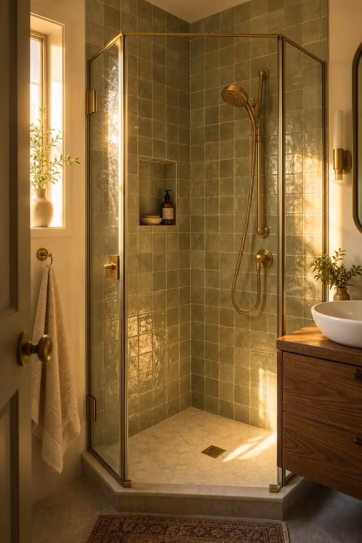 13 Cozy Very Small Bathroom Ideas With Shower Worth Trying 2 A neo-angle corner shower enclosure clad in pale sage zellige tile with brushed brass hardware and a recessed niche, glowing in warm golden afternoon light.