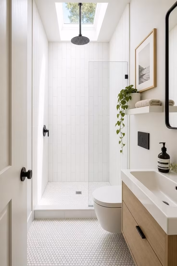 13 Cozy Very Small Bathroom Ideas With Shower Worth Trying 3 A very small bathroom with floor-to-ceiling vertical stack-bond white tile on the shower wall, a matte black rain showerhead, and bright midday light from a skylight.