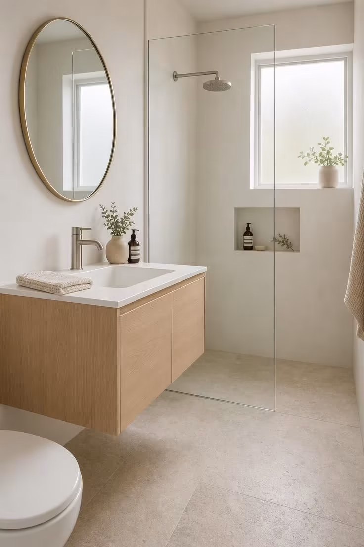 13 Cozy Very Small Bathroom Ideas With Shower Worth Trying 4 A very small bathroom with a wall-mounted white oak floating vanity, honed limestone floor, and an open walk-in shower behind a fixed glass panel in soft diffused light.