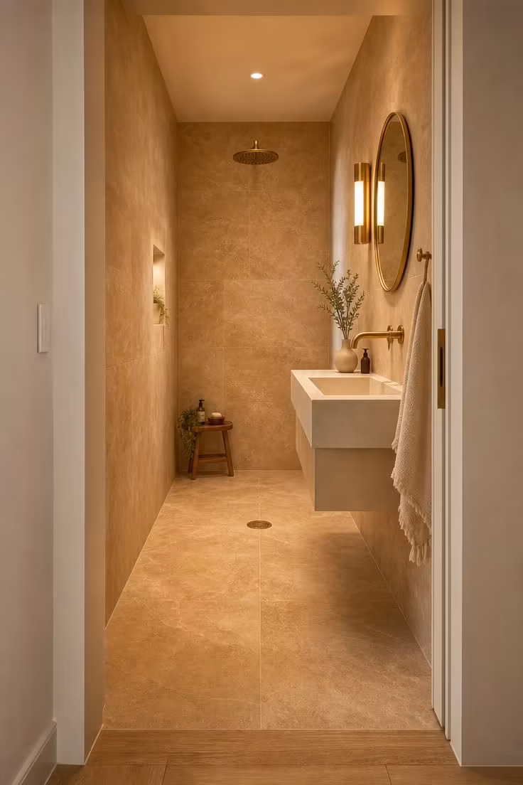 13 Cozy Very Small Bathroom Ideas With Shower Worth Trying 6 A very small wet room bathroom seen through an open pocket door, with warm sandstone porcelain tile on walls and floor, a brass rainfall showerhead, and a central floor drain.