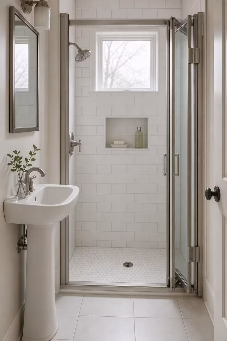 13 Cozy Very Small Bathroom Ideas With Shower Worth Trying 7 A bi-fold glass shower door with brushed nickel trim folded inward in a very small bathroom, revealing a white subway tile interior and a recessed niche.