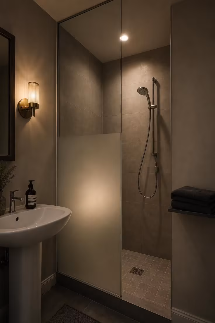 13 Cozy Very Small Bathroom Ideas With Shower Worth Trying 10 A frosted glass half-wall with clear glass above it separating a shower from a vanity area in a very small bathroom, lit by a recessed downlight creating a lantern effect.
