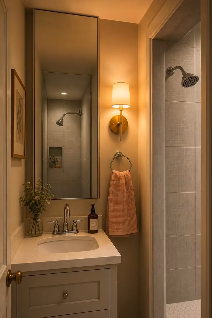 13 Cozy Very Small Bathroom Ideas With Shower Worth Trying 11 A full-height mirrored medicine cabinet flanking a compact tiled shower alcove in a very small bathroom, reflecting the shower interior in warm golden sconce light.