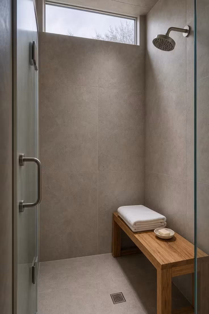 13 Cozy Very Small Bathroom Ideas With Shower Worth Trying 12 A slim teak bench inside a floor-to-ceiling greige tile shower in a very small bathroom, with flat cool light from a clerestory window and a brushed nickel overhead showerhead.