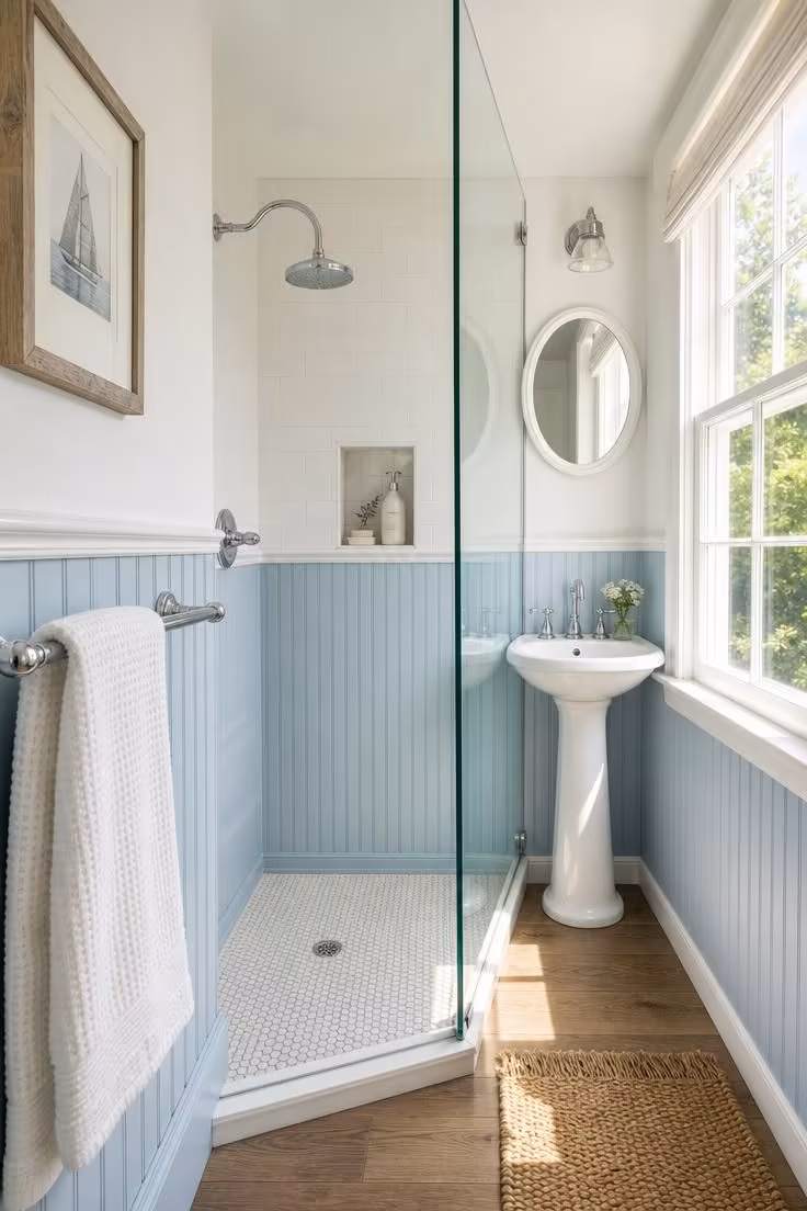 13 Cozy Very Small Bathroom Ideas With Shower Worth Trying 13 A very small bathroom with pale blue beadboard wainscoting below a white chair rail, a clear glass shower partition, and bright midday light from a double-hung window.