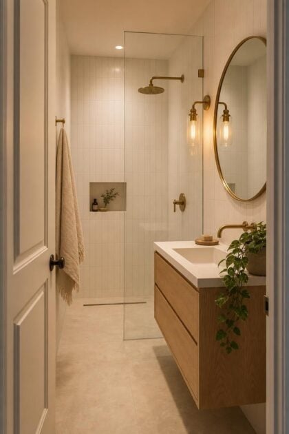 13 Cozy Very Small Bathroom Ideas With Shower Worth Trying A cozy very small bathroom with a frameless glass shower panel, white vertical tile, floating wood vanity, and warm golden sconce light seen from the doorway.