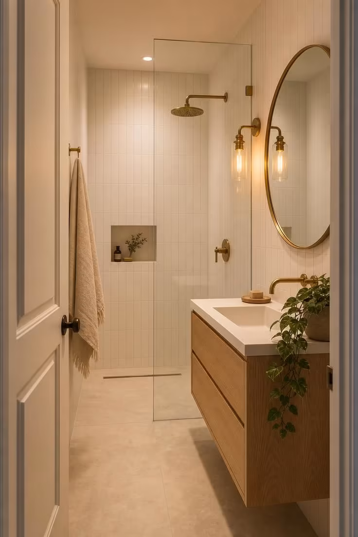 Simple Spaces 14 A cozy very small bathroom with a frameless glass shower panel, white vertical tile, floating wood vanity, and warm golden sconce light seen from the doorway.
