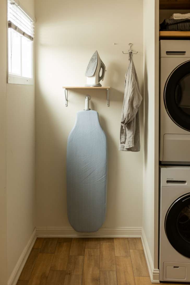 A wall-mounted ironing board pulled down and in use beside a stacked washer and dryer in a bright, small laundry room
