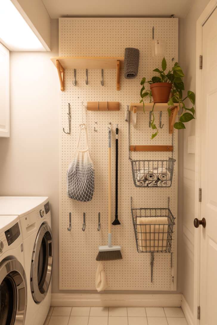 A white pegboard on a laundry room wall with hooks, wire baskets, a hanging mesh laundry bag, and a small trailing plant
