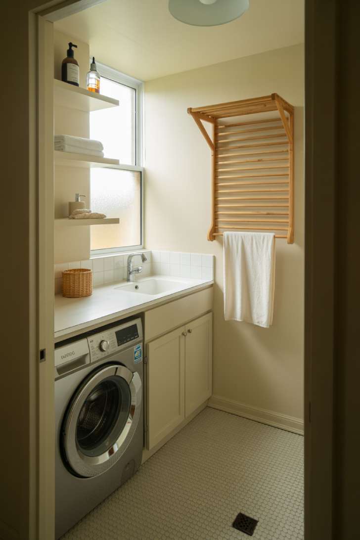 A small bathroom doubling as a laundry room with a front-load washer built into the vanity cabinetry, open shelves, and a folded wall-mounted drying rack