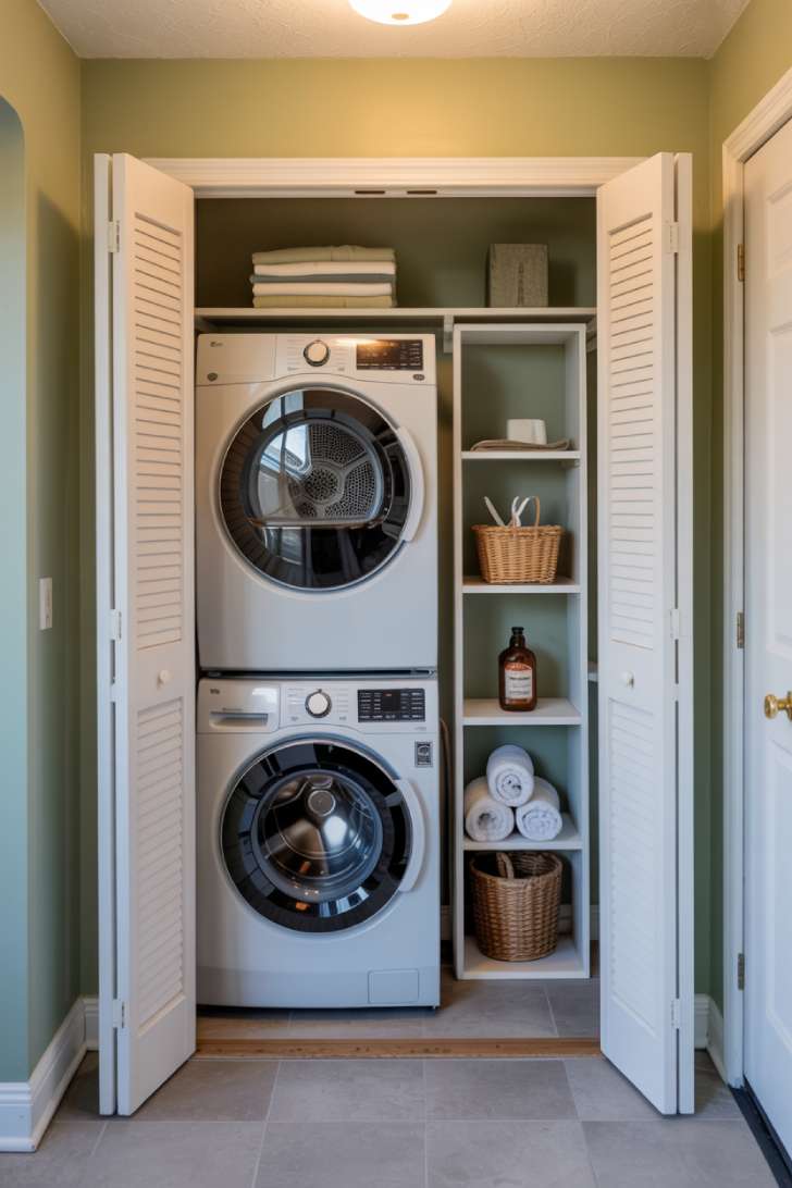 A hall closet converted into a compact laundry space with bi-fold doors open and a stacked washer and dryer inside