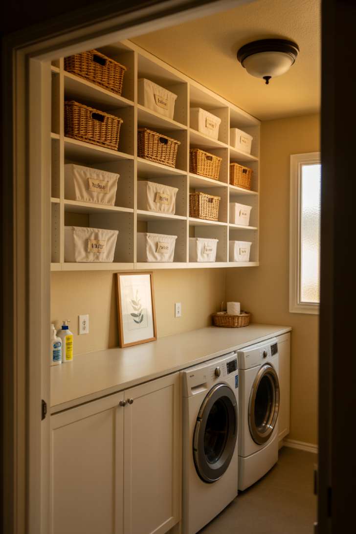 A small laundry room with floor-to-ceiling white cabinetry, open upper shelves with labeled baskets, and a countertop over front-load machines