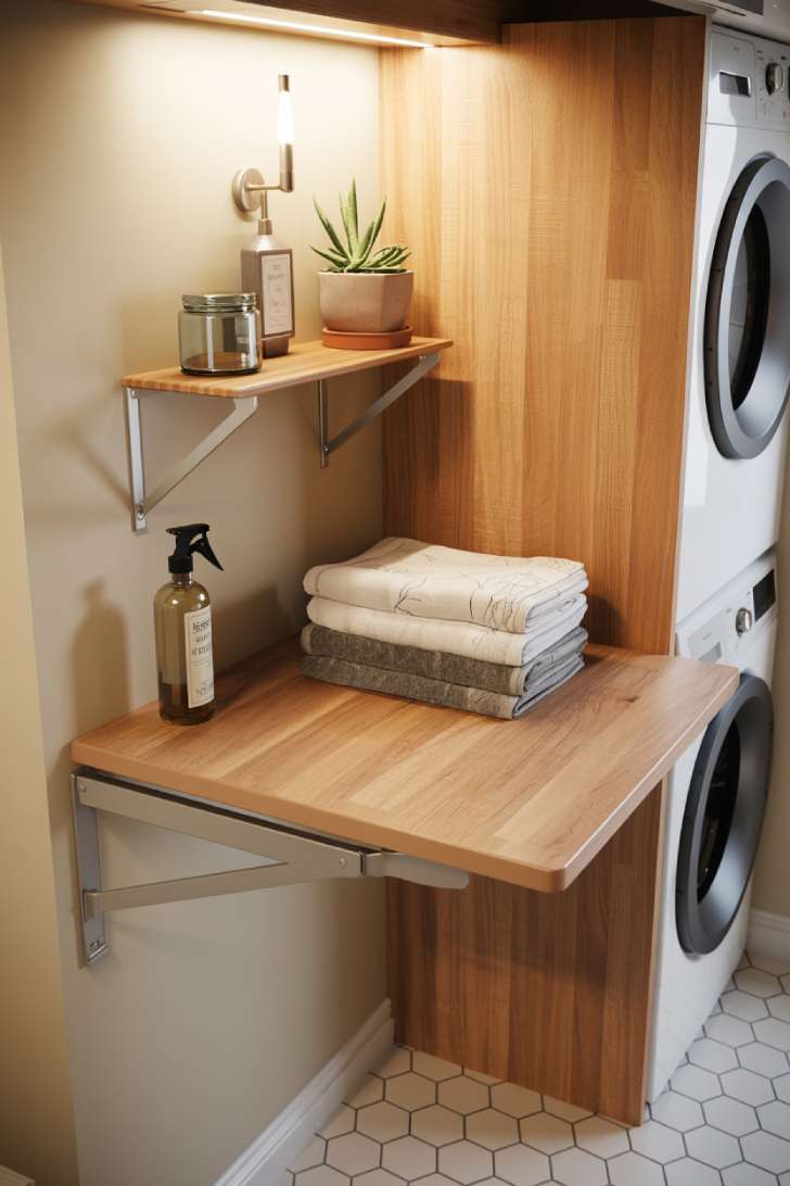 A fold-down wooden countertop mounted on the laundry room wall, extended over front-load machines with folded towels on top
