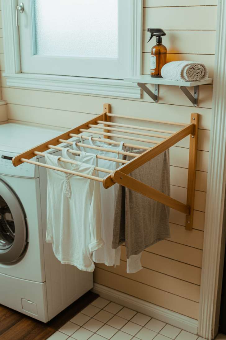 A wooden wall-mounted fold-out drying rack extended with delicate clothing items, mounted on a white shiplap wall in a small laundry room