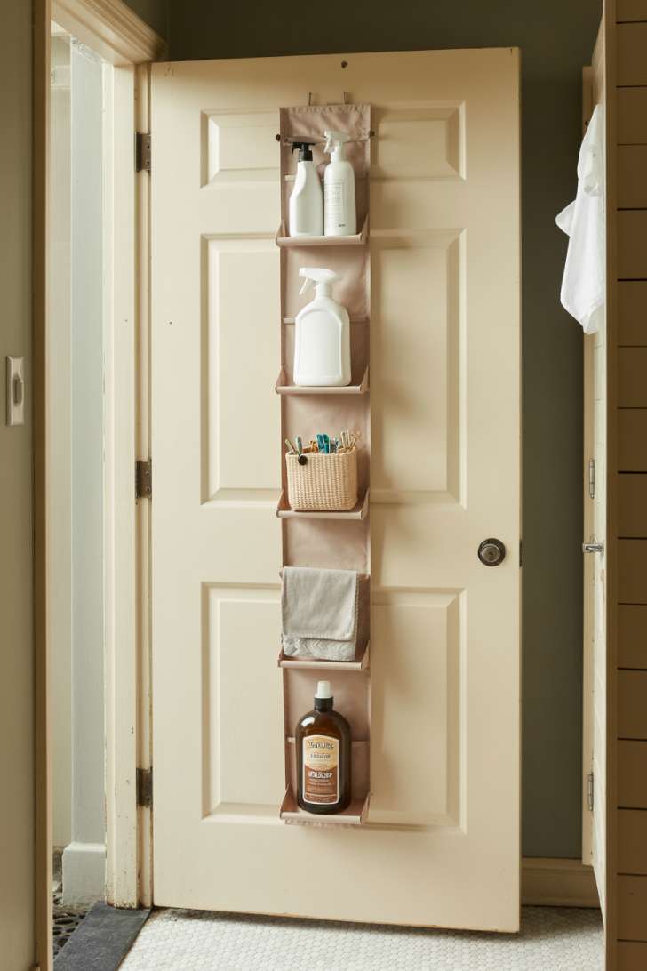 The inside of a white laundry room door fitted with a slim over-door organizer holding spray bottles, clothespins, and laundry supplies