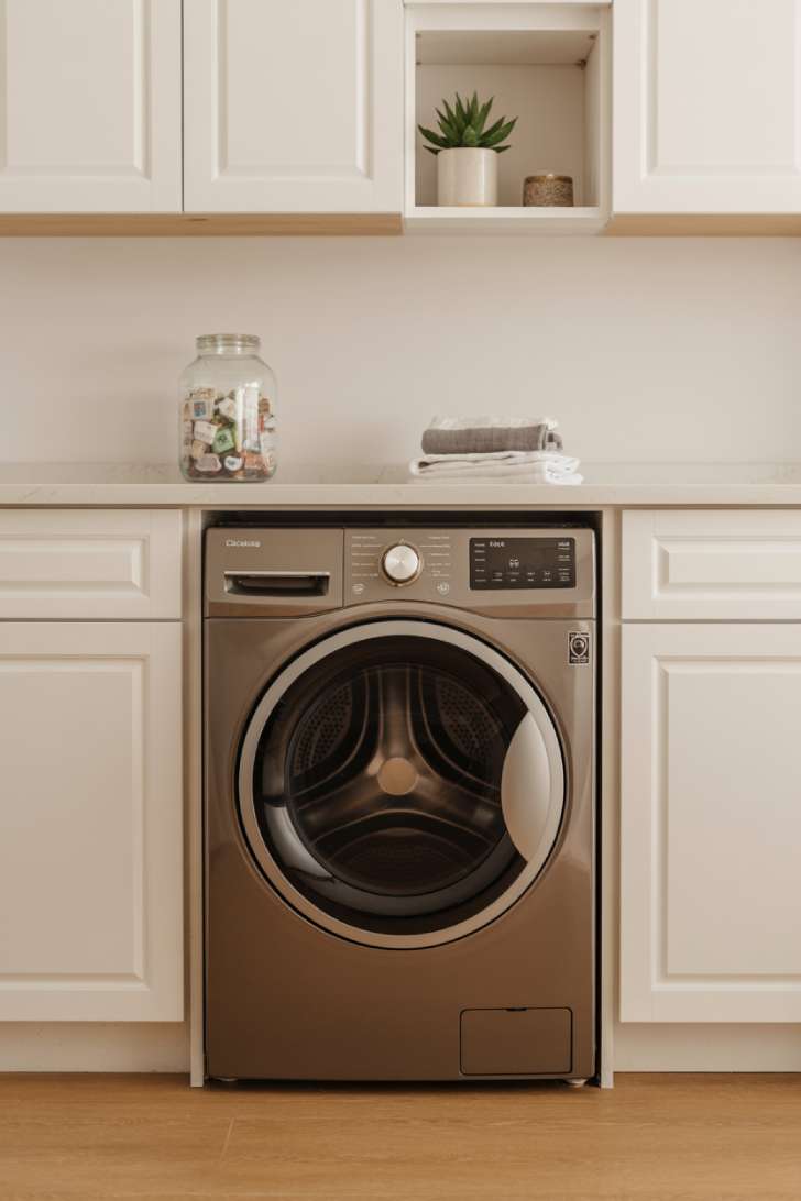A single all-in-one washer-dryer combo unit integrated into a white kitchen cabinet run with matching panel doors and a quartz countertop above