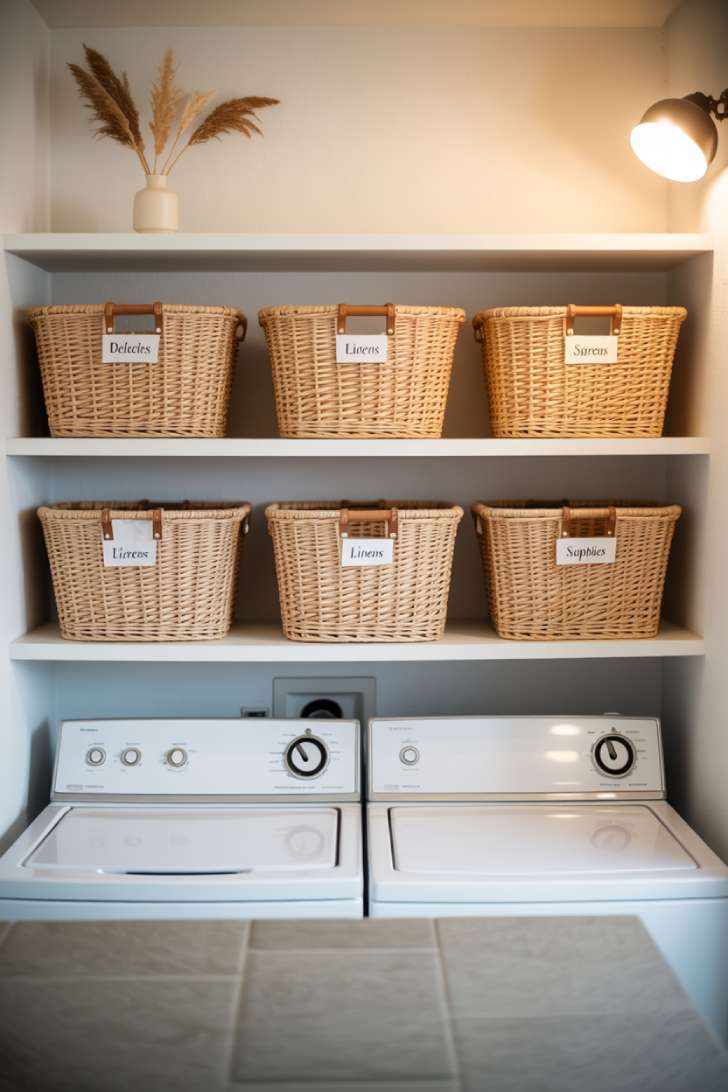 Three floating shelves with uniform rattan baskets above a front-load washer and dryer in a clean, white small laundry room