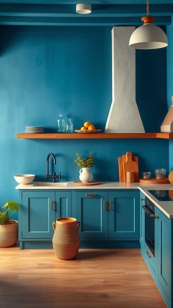 A colorful Spanish Mediterranean kitchen featuring blue cabinets and earthy decor.