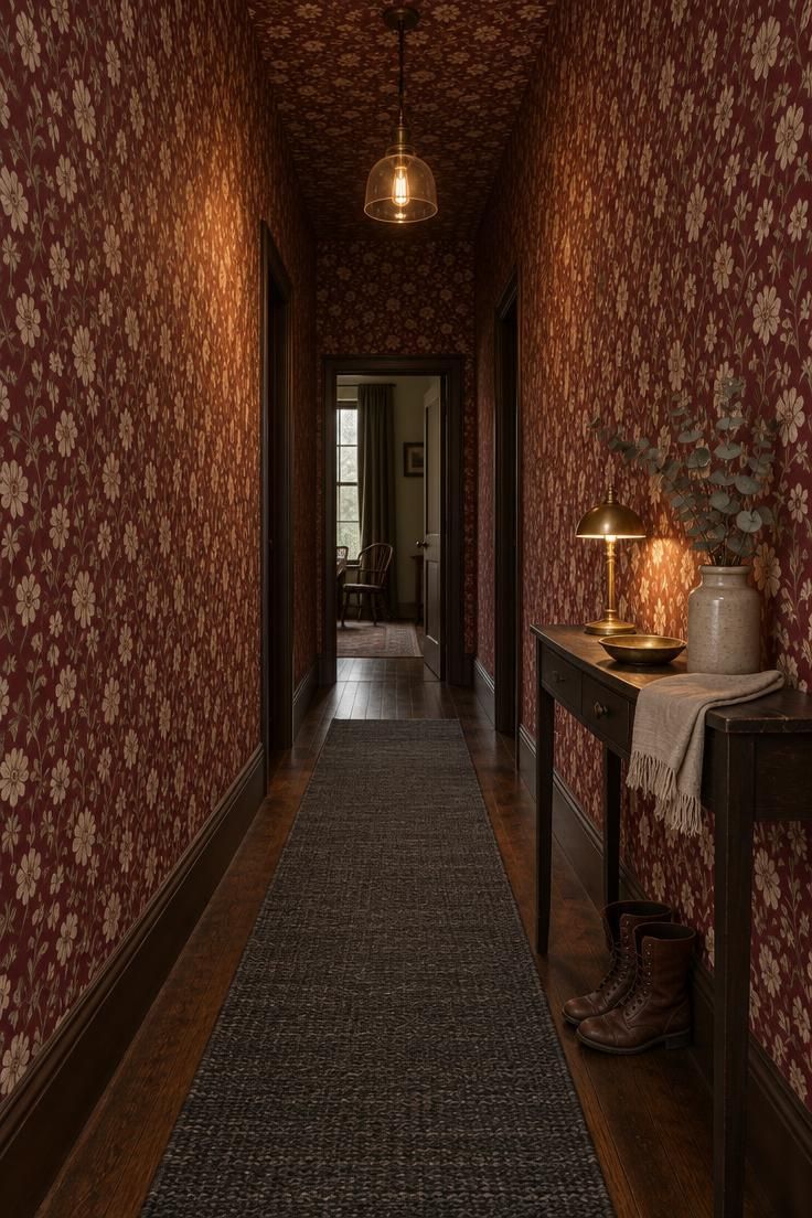 Narrow Victorian hallway with full-height burgundy and cream floral wallpaper, charcoal wool runner over dark wood floor, glass pendant light, and slim console with brass lamp.