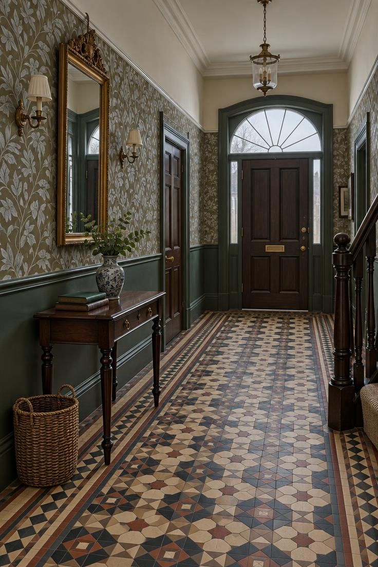 Wide Victorian entrance hall with dark green dado, olive leaf wallpaper, cream frieze, encaustic tile floor, gilt mirror over side table.