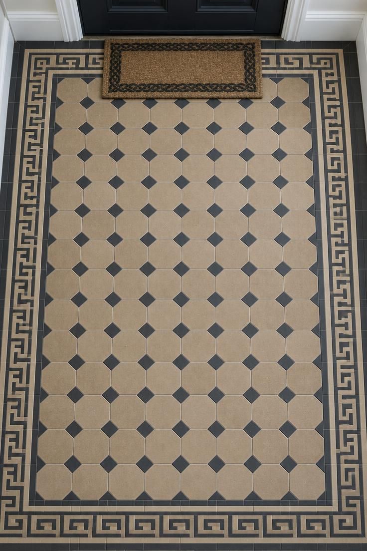 Overhead view of Victorian hall floor with octagon-and-dot Victorian hallway tile floor patterns in charcoal, sand, and buff, Greek key border, and coir doormat.