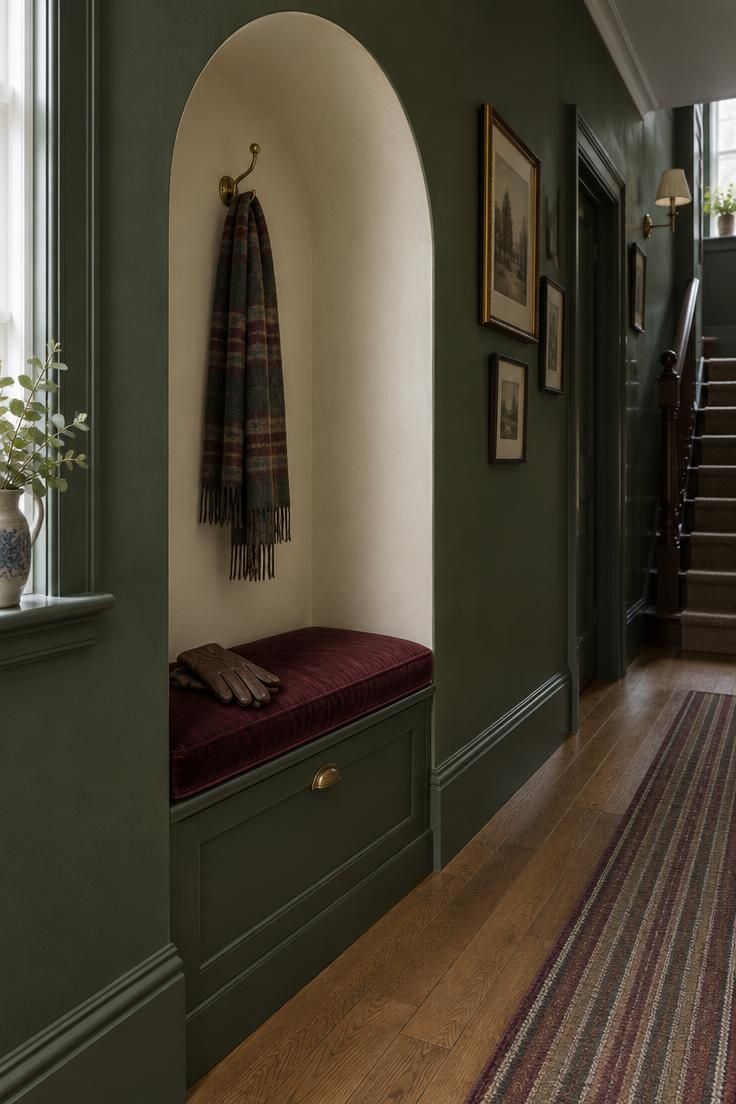 Narrow Victorian hall wall with shallow arched alcove in sage green, built-in wooden bench with burgundy velvet cushion, brass hook, and oak floor.