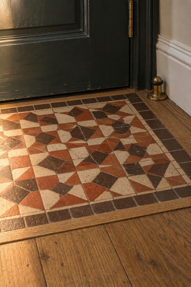 Close-up of encaustic tile entrance hall flooring inset in cream, terracotta, and brown meeting oak strip flooring at a front door threshold.