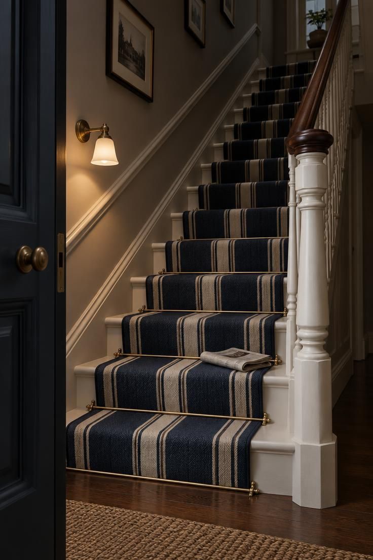 Victorian staircase from below with deep blue and cream striped runner, brass stair rods, off-white turned spindles, and dark walnut handrail.