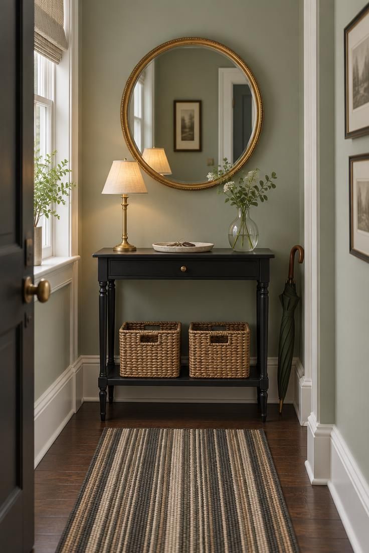 Narrow Victorian hallway with slim black console table, brass lamp, ceramic tray, woven baskets underneath, and round gilt mirror above.
