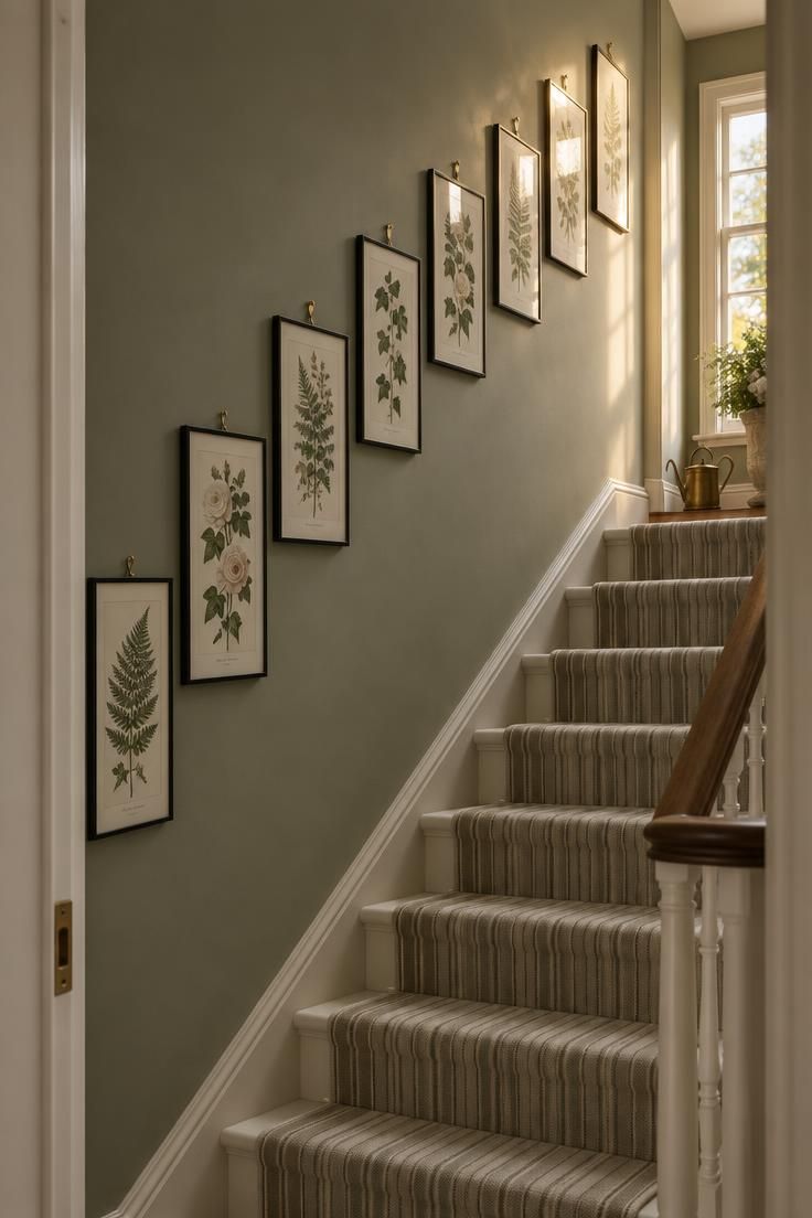 Stair wall with diagonal arrangement of twelve botanical prints in thin black frames, soft grey-green wall, and neutral striped stair runner.