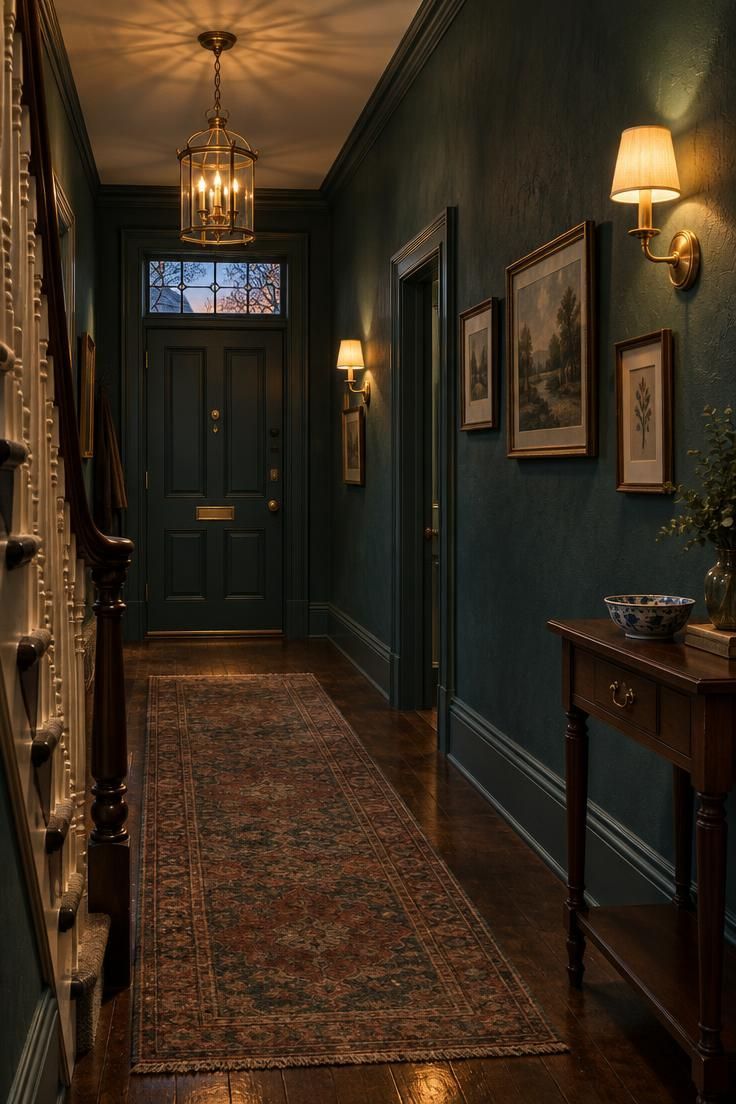 Victorian hallway at dusk with brass lantern pendant over the door, two matching wall sconces on deep teal walls, and stair balustrade at the left.