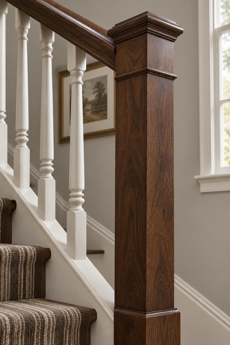 Close-up of stair balustrade with dark walnut newel post, off-white painted turned spindles, matching handrail, and striped runner.