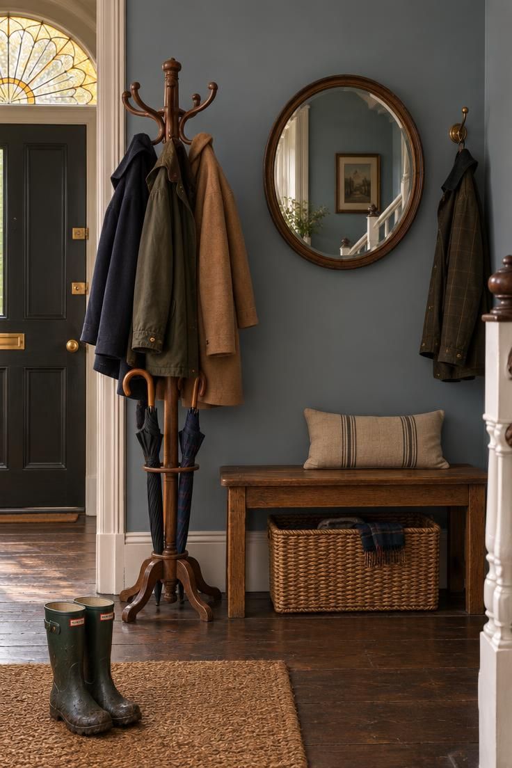 Victorian hallway with wooden coat stand holding coats and umbrellas beside a low bench, woven basket underneath, blue-grey wall, and coir mat.