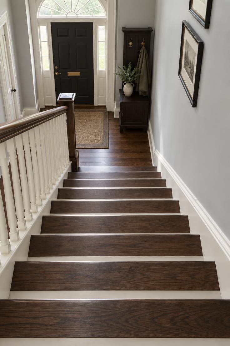 Overhead view of straight Victorian stair with dark walnut treads, cream painted risers, off-white stringer, and hall tree at the foot.