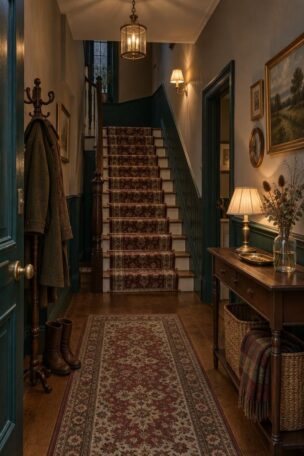 Cozy Victorian hallway at evening with deep teal walls, dark green dado, brass lantern pendant, patterned stair runner with brass rods, and slim console with lamp and dried stems.