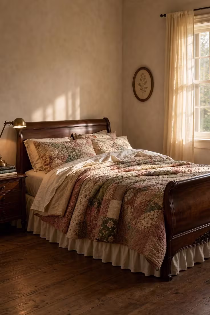 A mahogany sleigh bed layered with patchwork quilts in rose, sage, and cream in a warm vintage cottage bedroom.