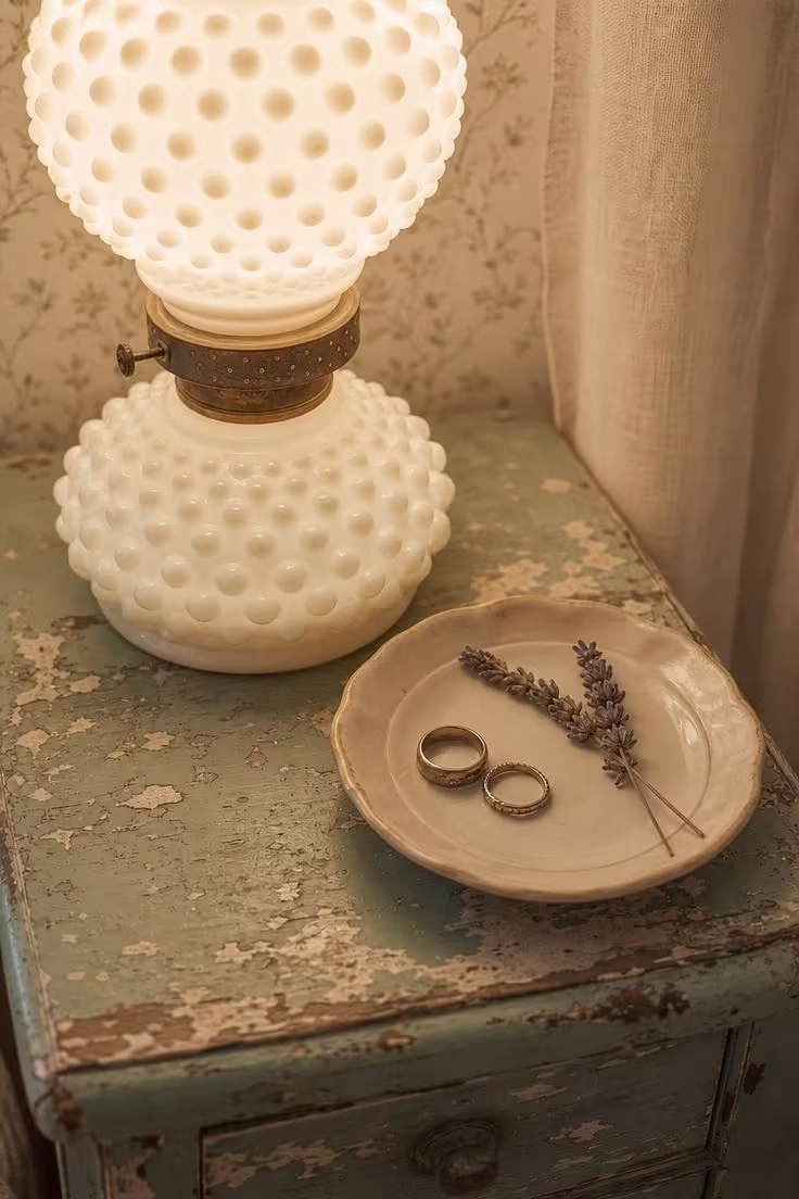 A hobnail milk glass lamp on a sage-green chippy paint nightstand with a ceramic dish of rings and dried lavender.