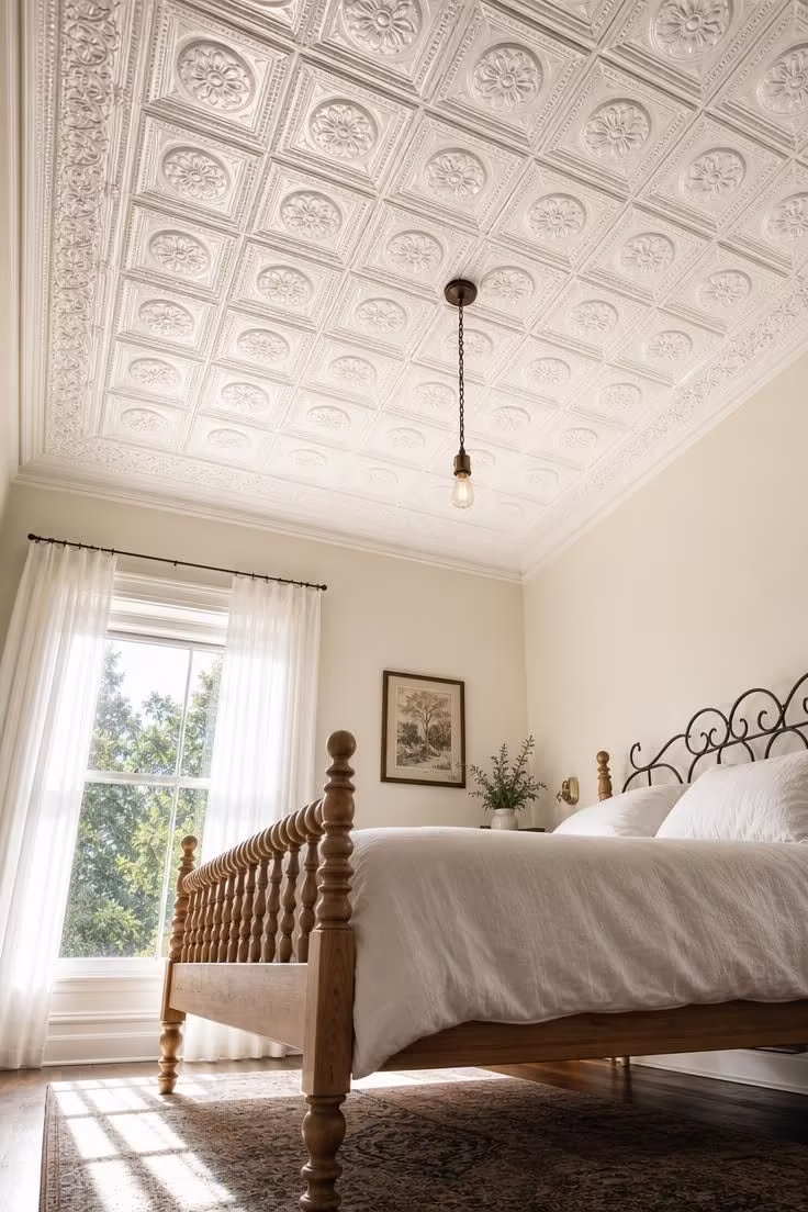 Pressed tin ceiling tiles in antique white above a spool-turned maple bed frame with crisp white cotton bedding.