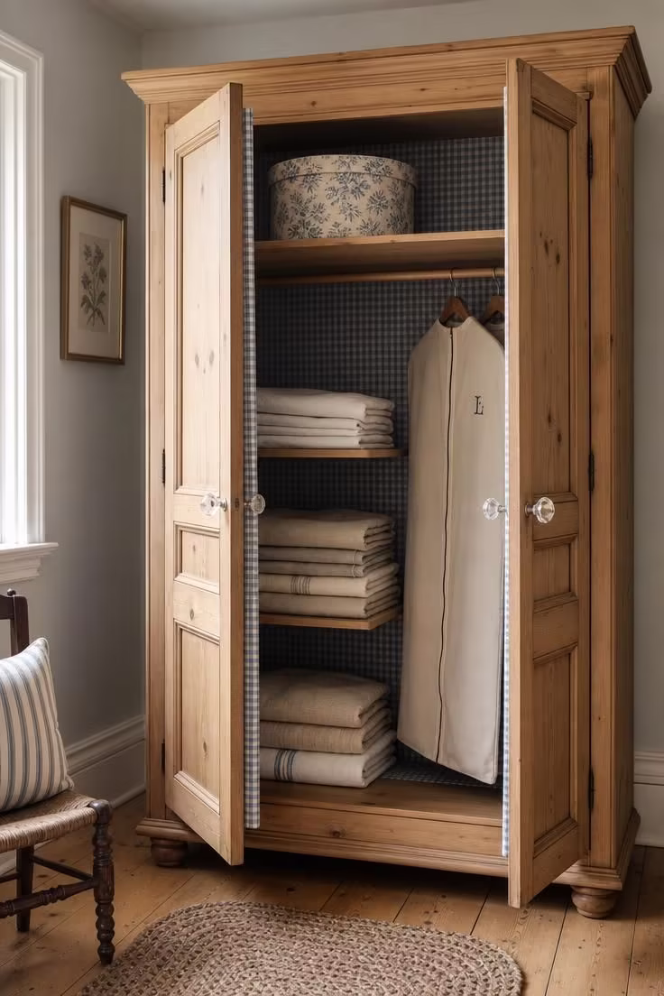 A tall pine wardrobe with gingham-lined interior, glass knob hardware, and folded linen stacks in a vintage cottage bedroom.